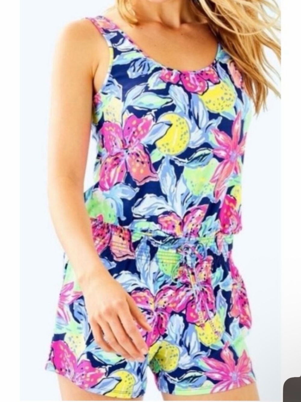 Lilly Pulitzer  Girls Romper XL 12-14 Blue Pink Floral Tassel Waist Summer